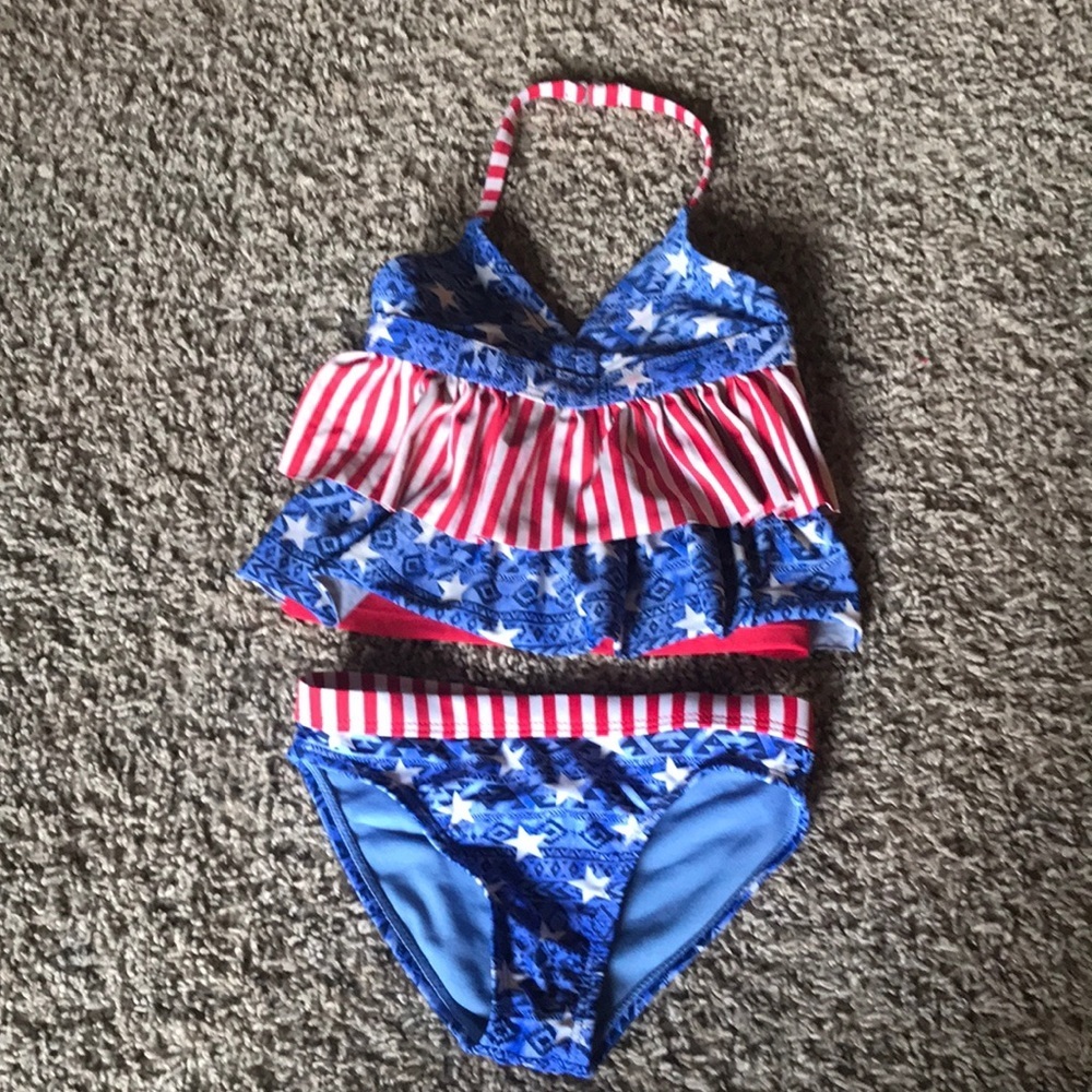 Wonder Nation Red White and Blue 2 Piece Ruffled Stripes & Stars Bikini
